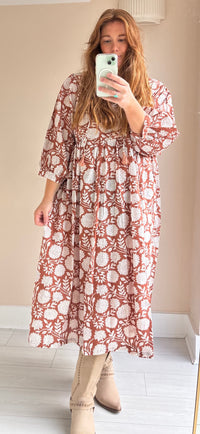 Floral-print cotton smock dress brick brown