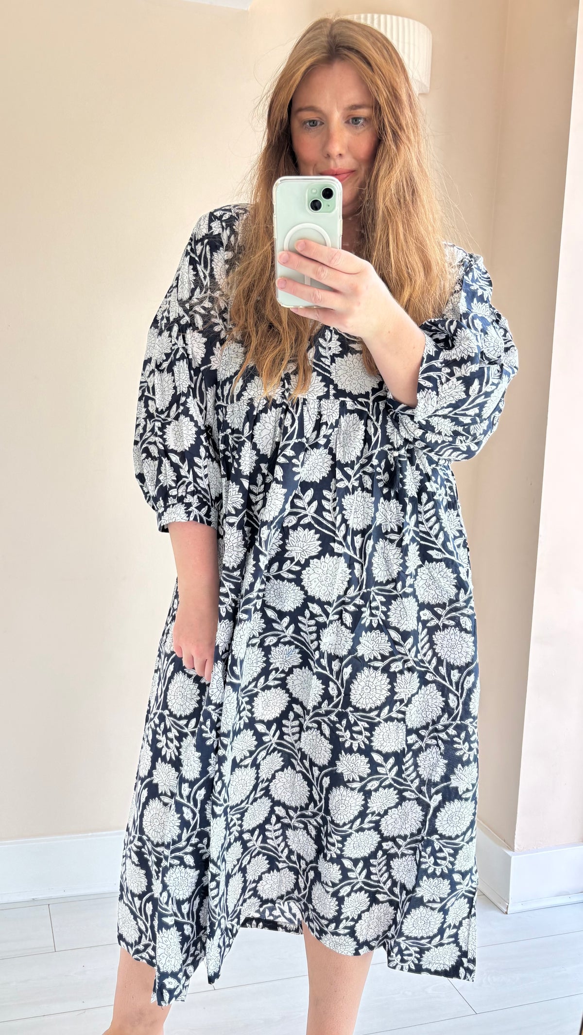 Floral-print cotton smock dress navy