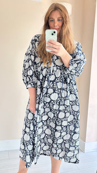 Floral-print cotton smock dress navy