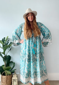 Nova blue green paisley boho silk dress