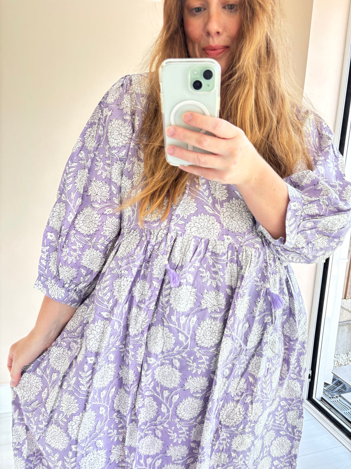 Floral-print cotton smock dress lilac