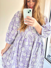 Floral-print cotton smock dress lilac