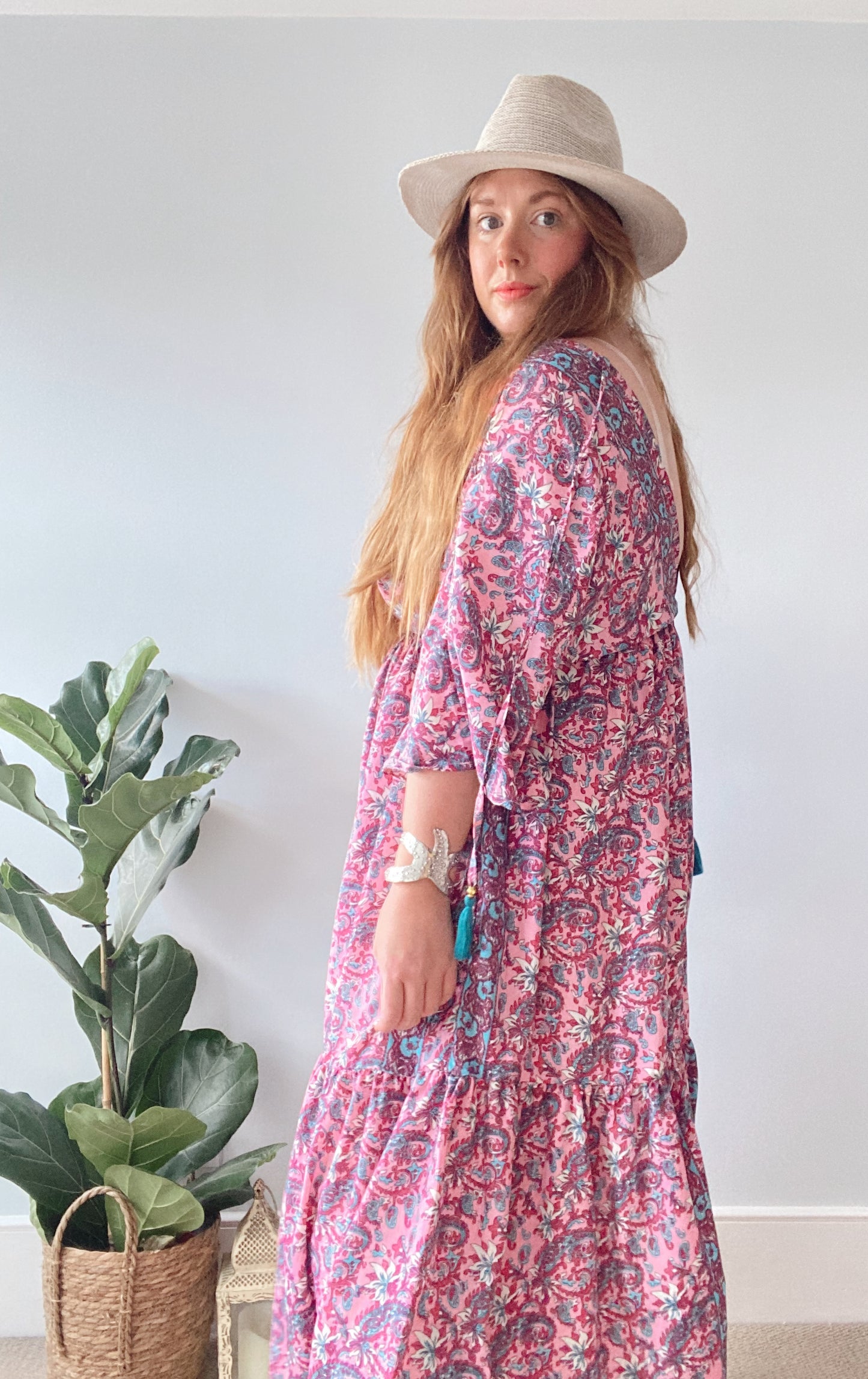 Cora pink floral-print silk midi dress