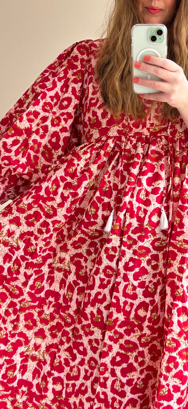 Leopard-print cotton dress red