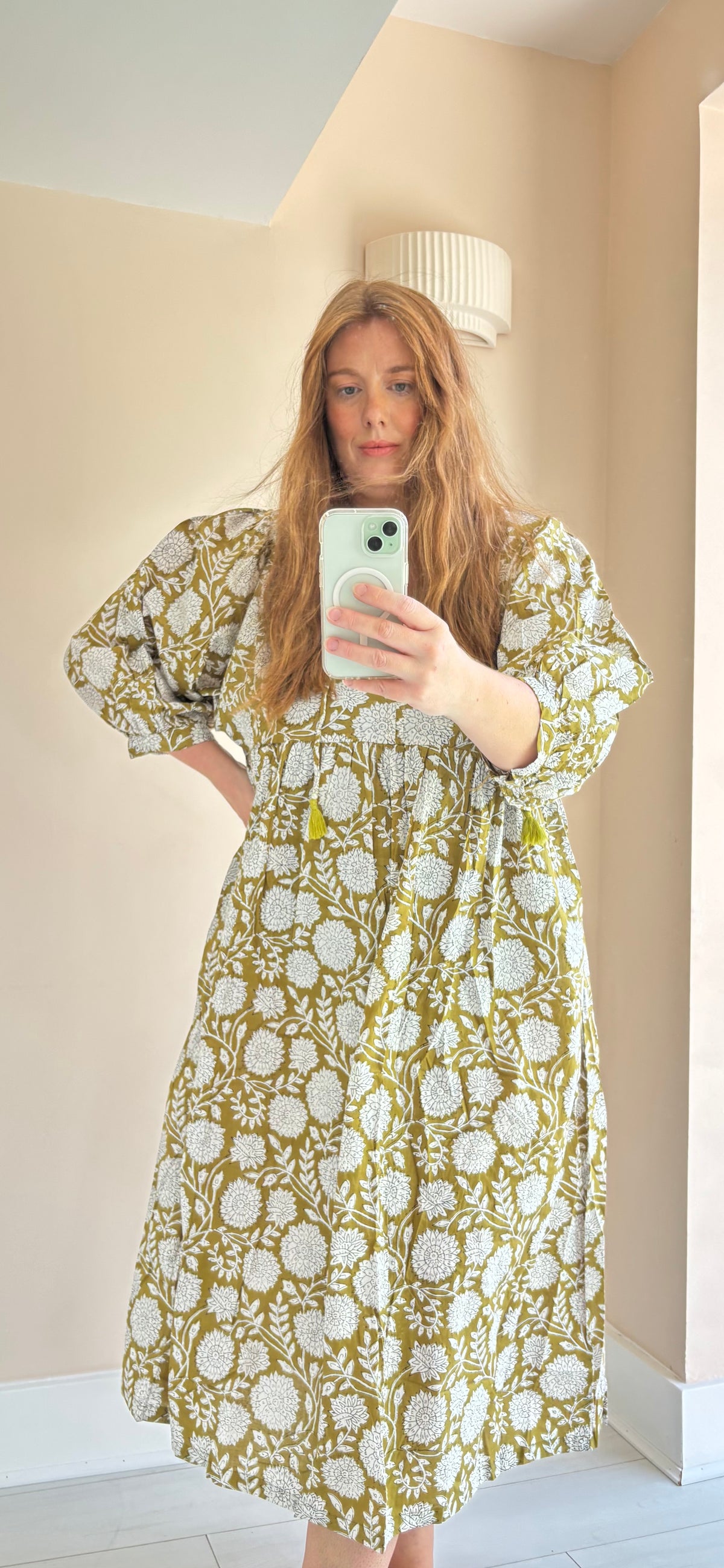 Floral-print cotton smock dress olive green