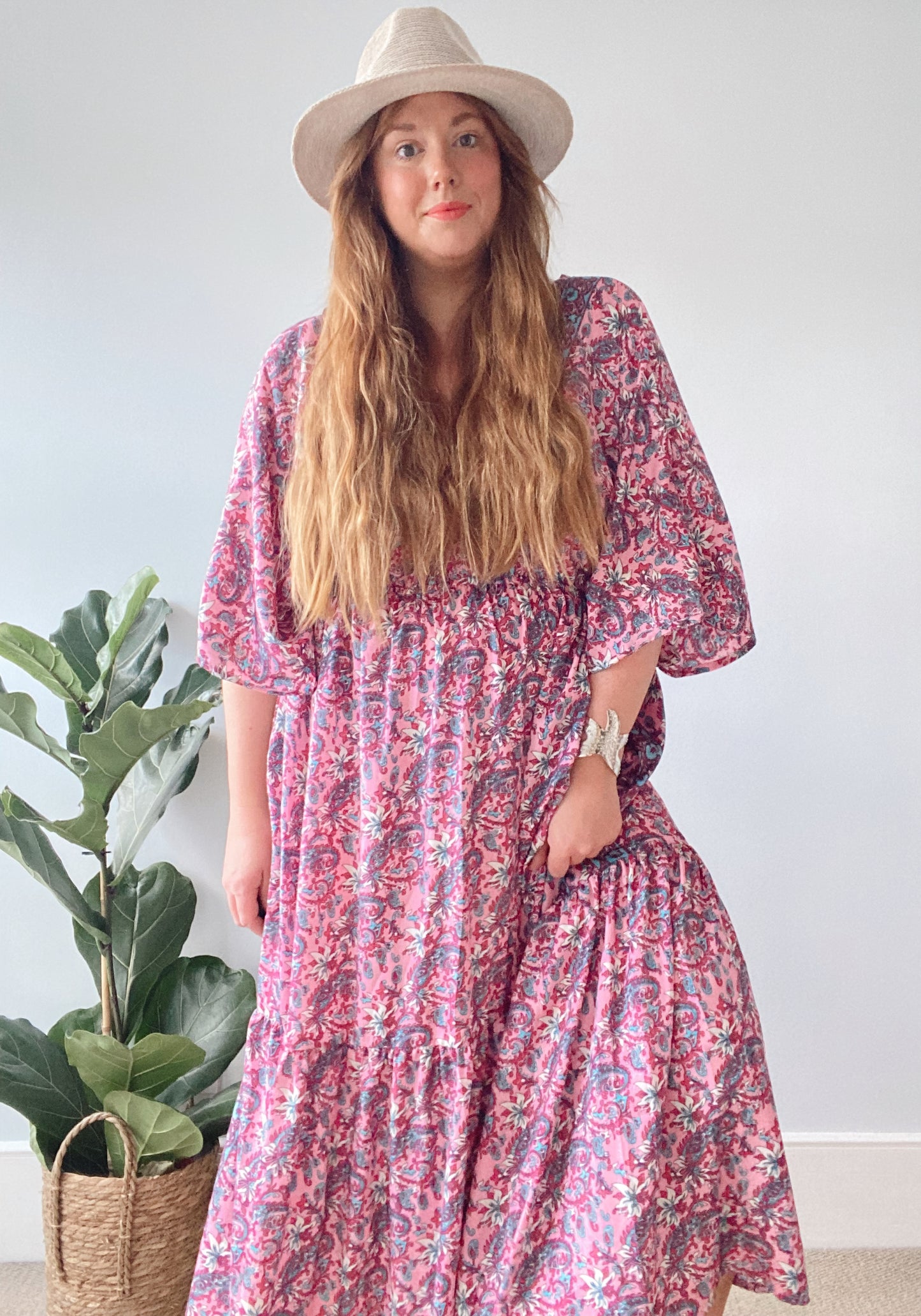 Cora pink floral-print silk midi dress