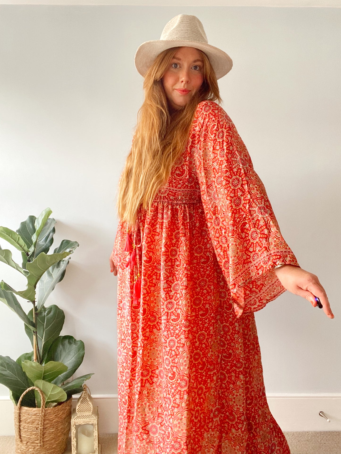 Nova red boho printed silk dress