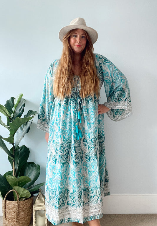 Nova blue green paisley boho silk dress