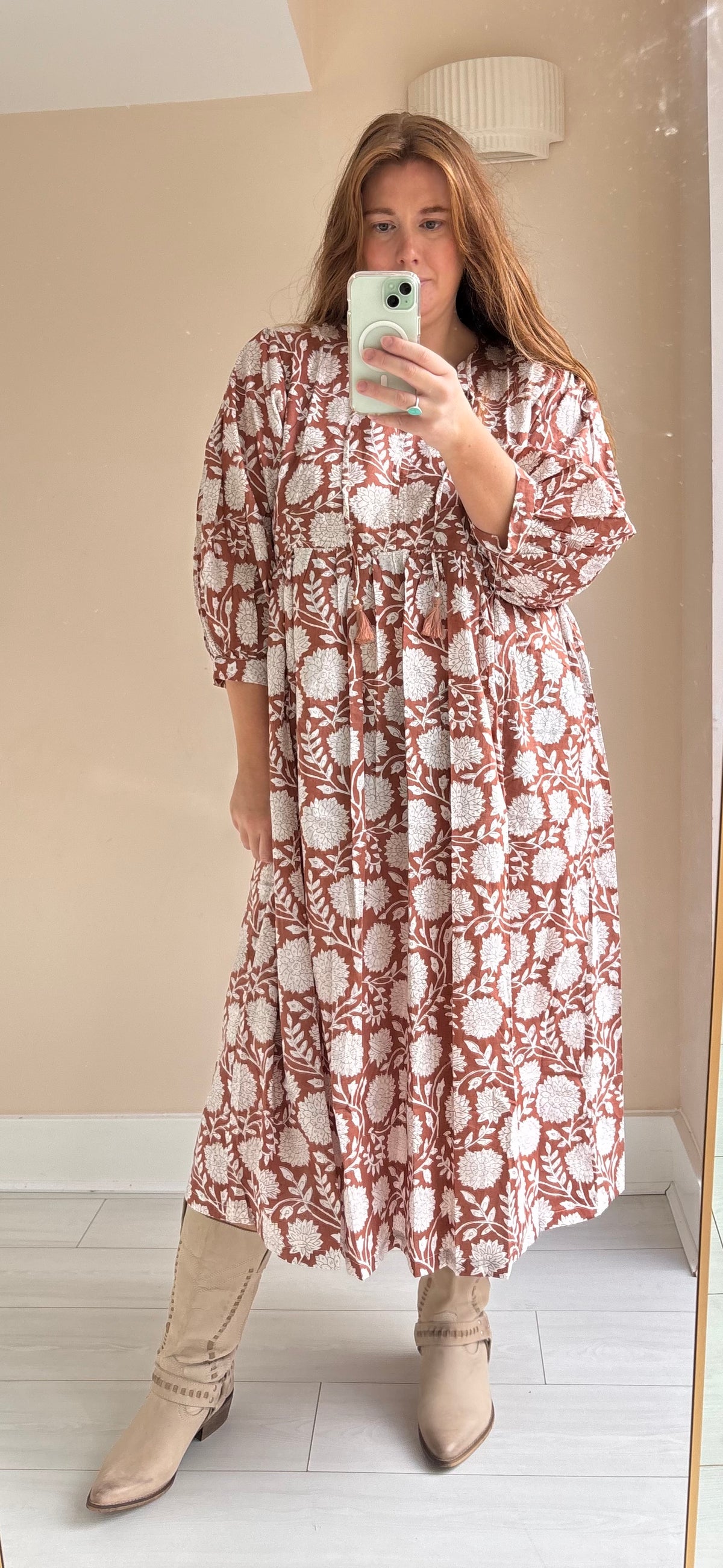 Floral-print cotton smock dress brick brown