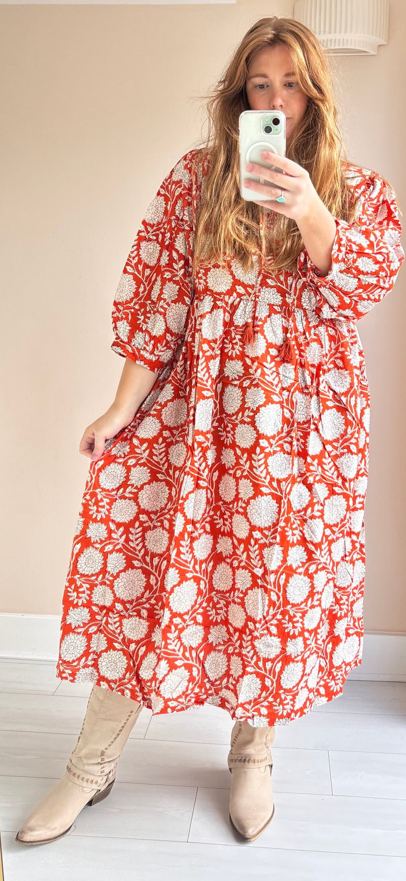 Floral-print cotton smock dress bright red