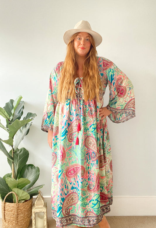 Nova pink green paisley-print boho silk dress