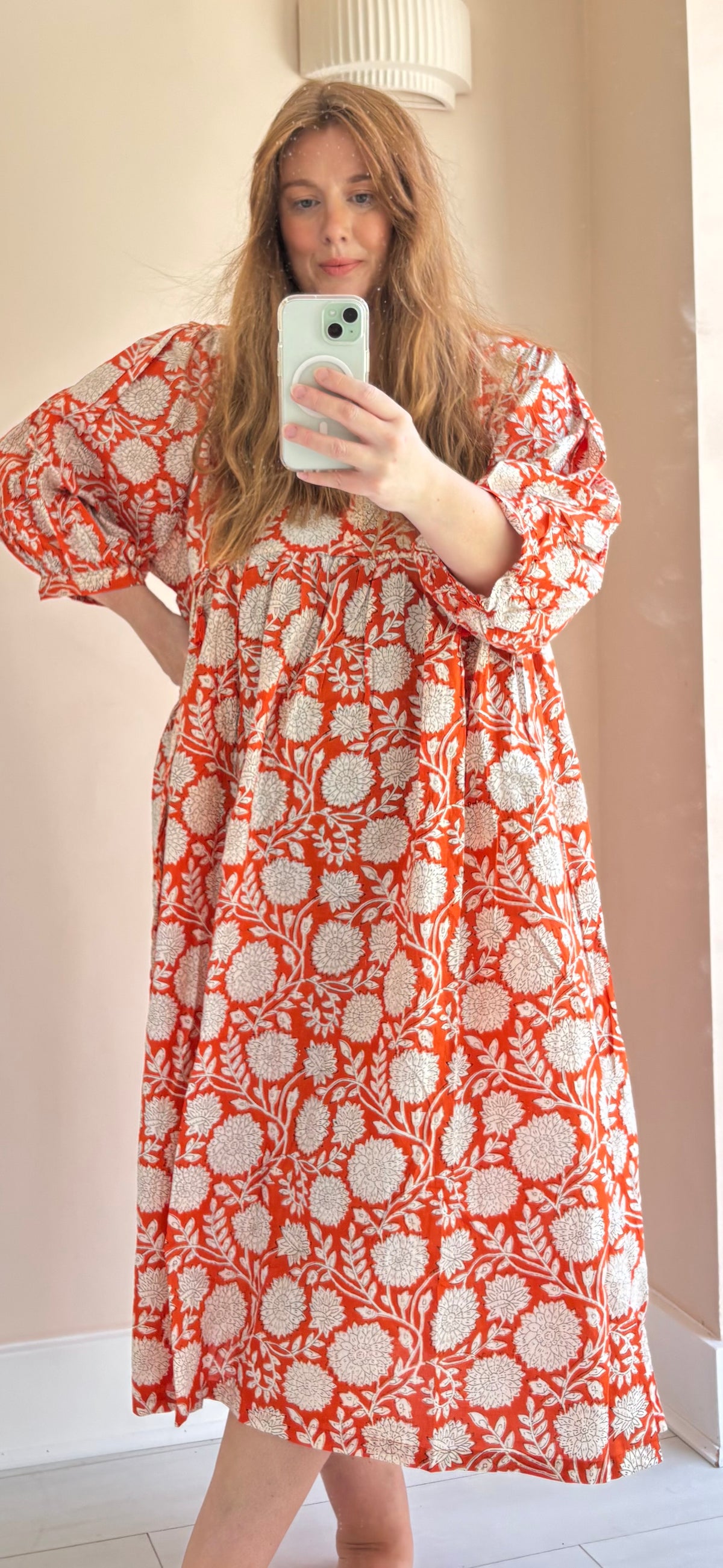 Floral-print cotton smock dress red