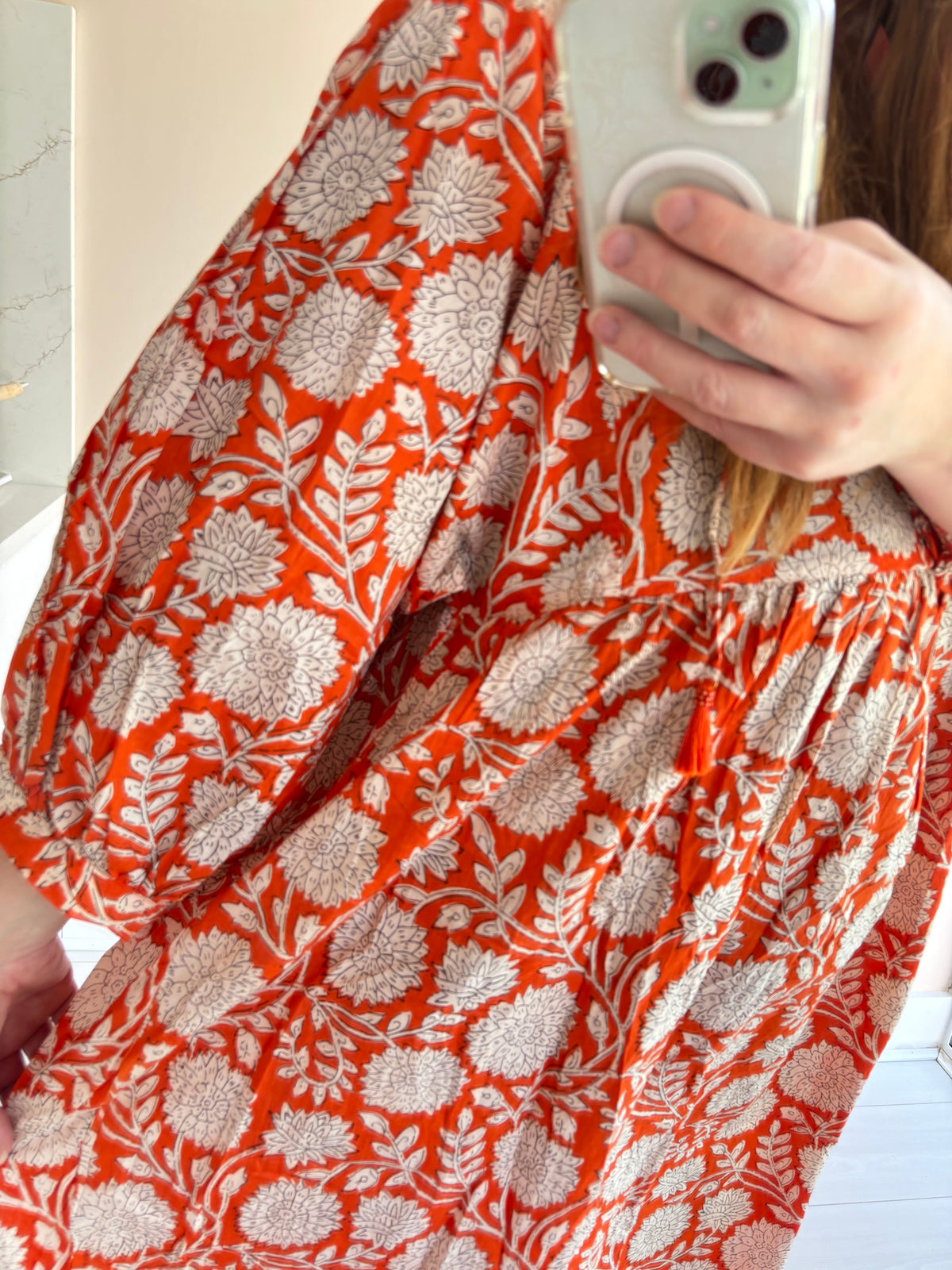 Floral-print cotton smock dress red