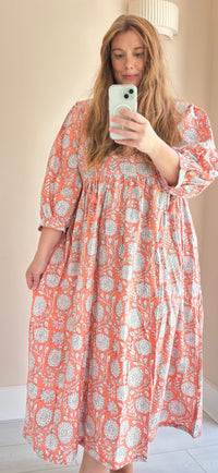 Floral-print cotton smock dress pink