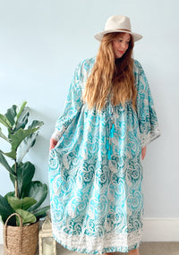 Nova blue green paisley boho silk dress