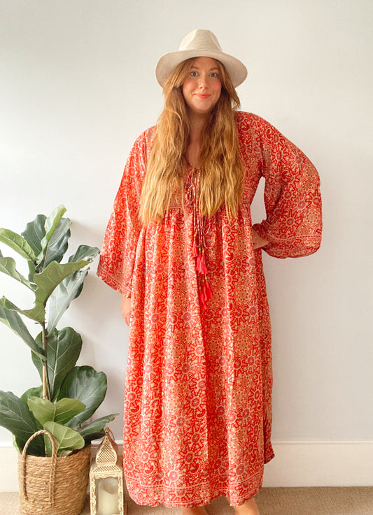 Nova red boho printed silk dress