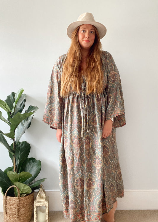 Nova grey pink paisley-print boho silk dress