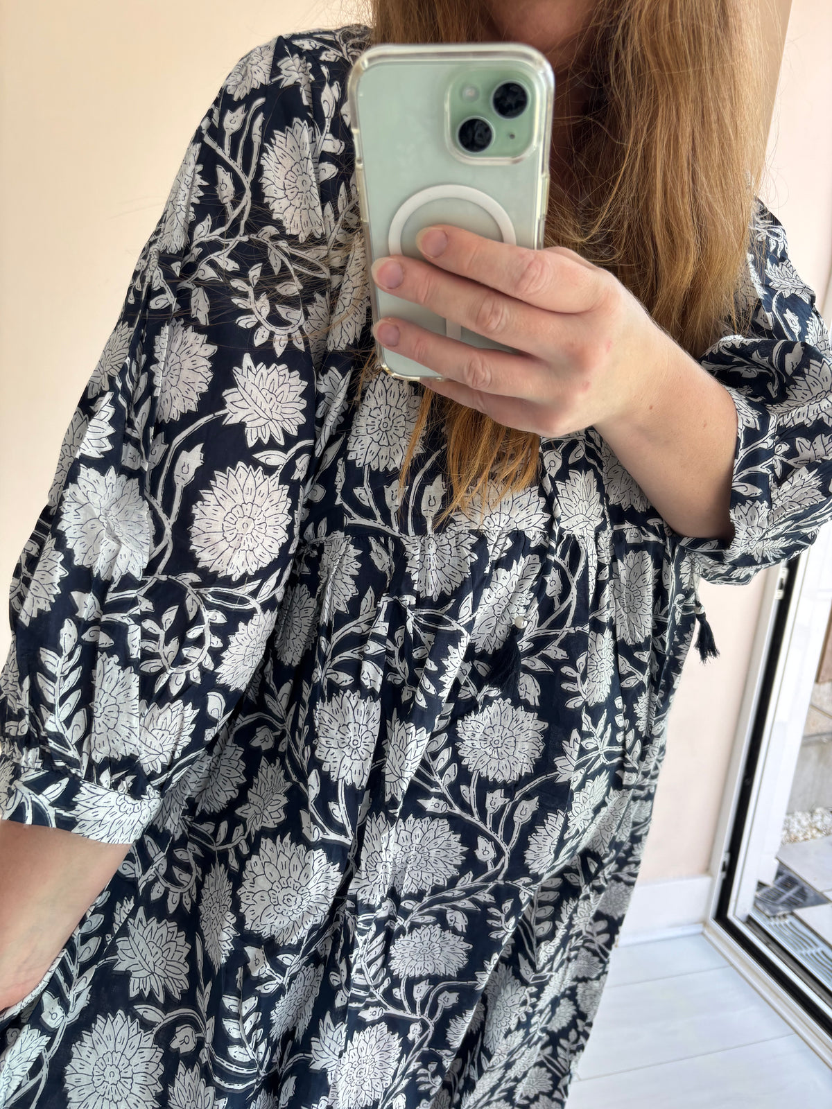 Floral-print cotton smock dress navy