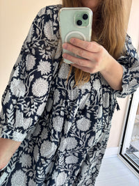 Floral-print cotton smock dress navy