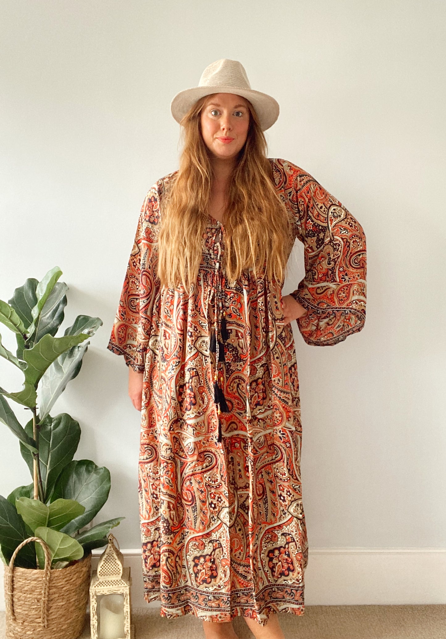 Nova red navy paisley boho silk dress