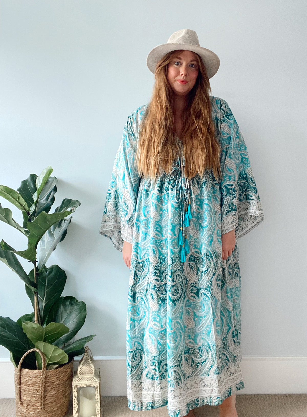 Nova blue green paisley boho silk dress