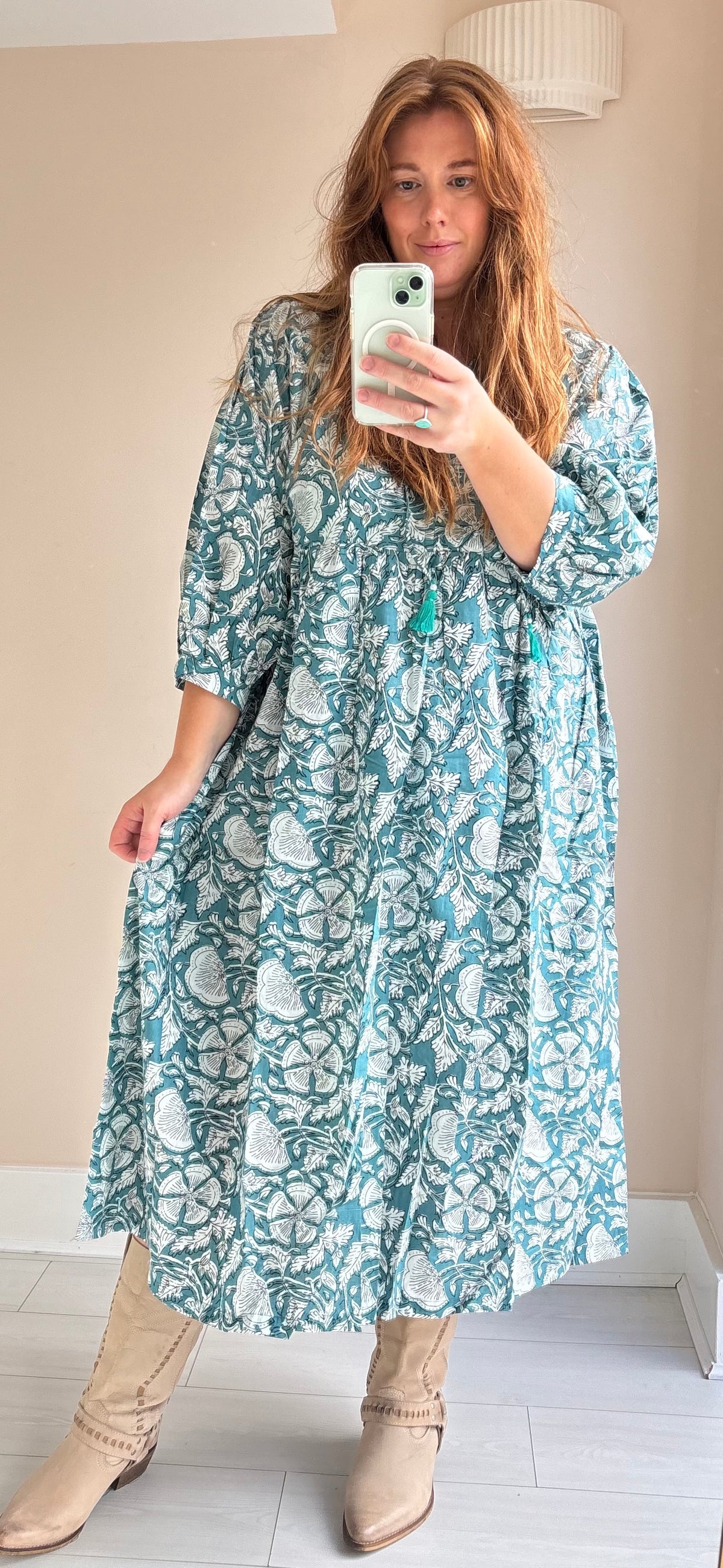 Floral-print cotton smock dress blue moss