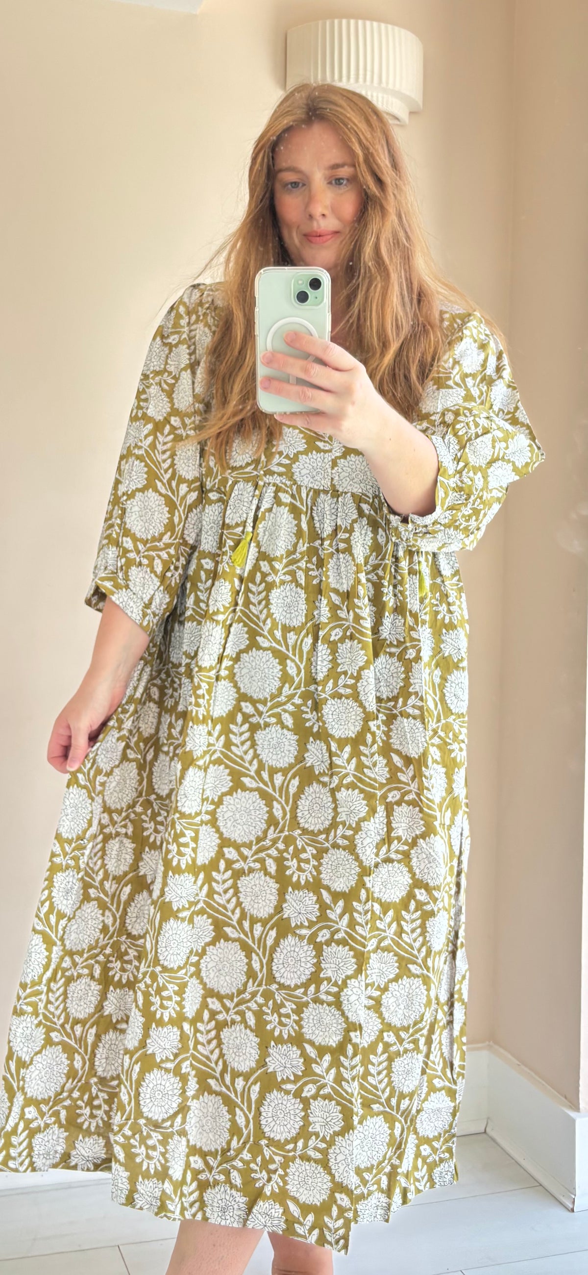 Floral-print cotton smock dress olive green