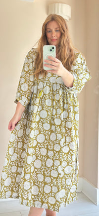 Floral-print cotton smock dress olive green