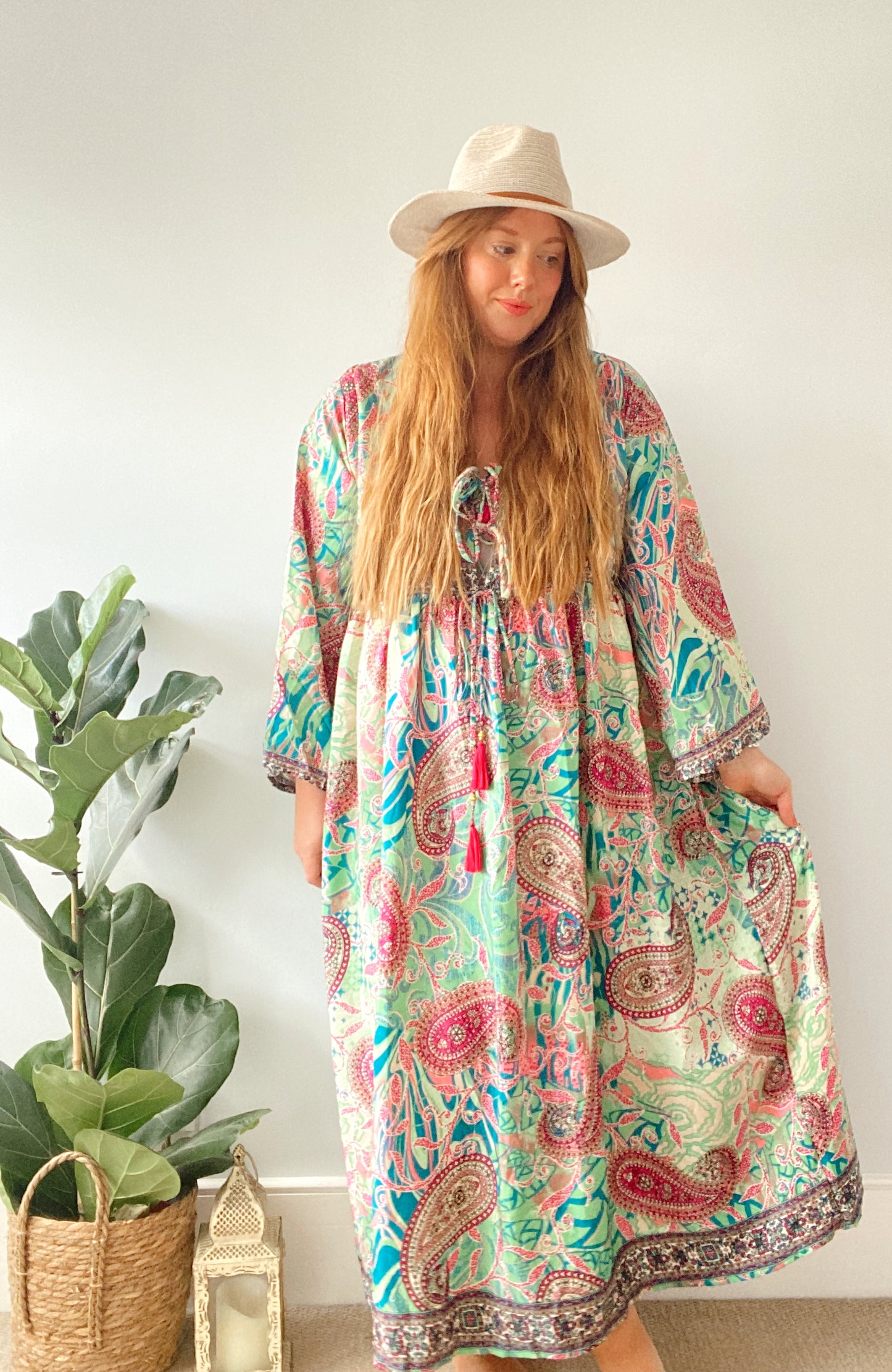 Nova pink green paisley-print boho silk dress