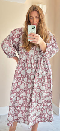 Floral-print cotton smock dress mauve