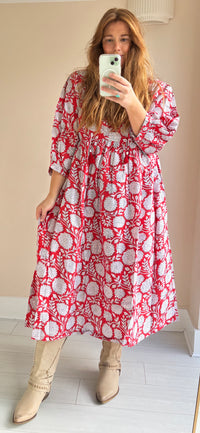 Floral-print cotton smock dress rose red