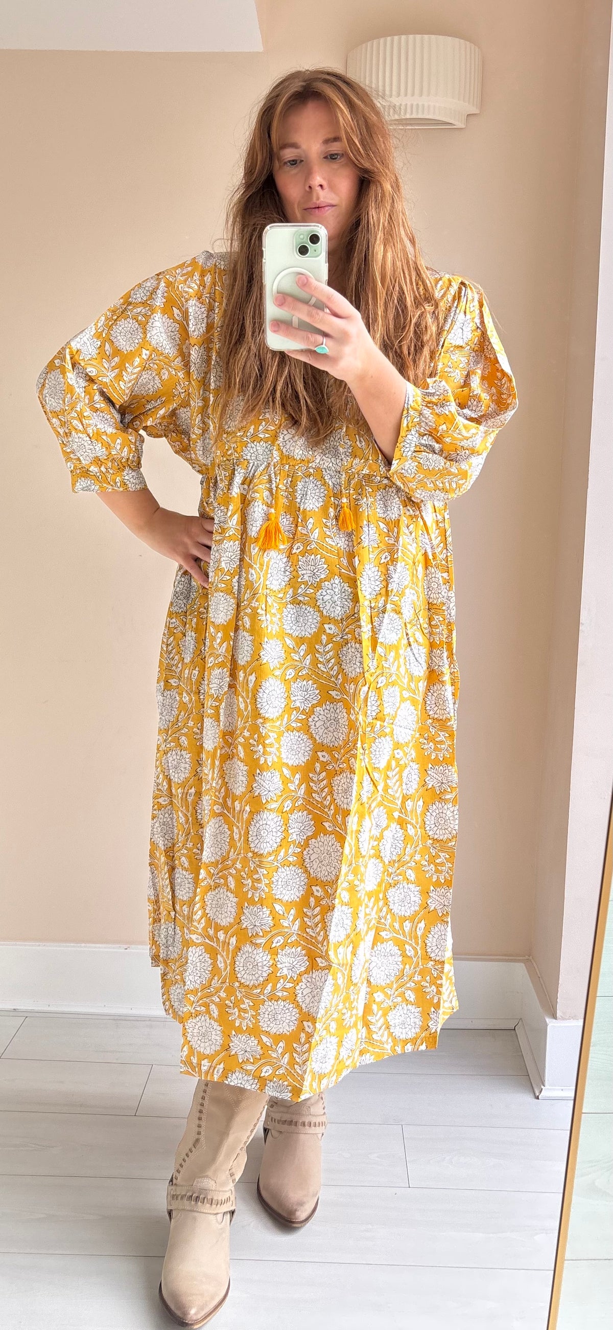 Floral-print cotton smock dress yellow