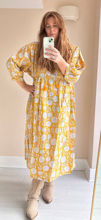 Floral-print cotton smock dress yellow