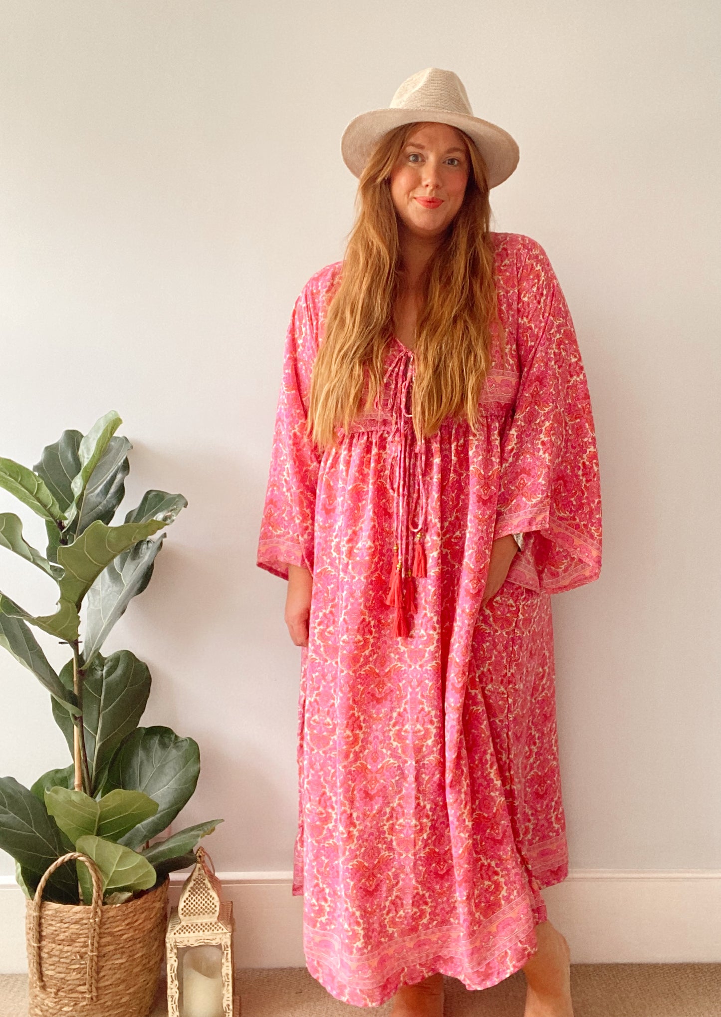 Nova pink floral-print boho silk dress