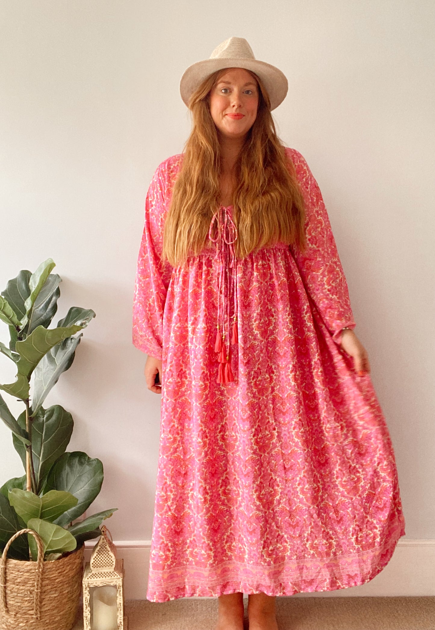 Nova pink floral-print boho silk dress