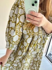 Floral-print cotton smock dress olive green