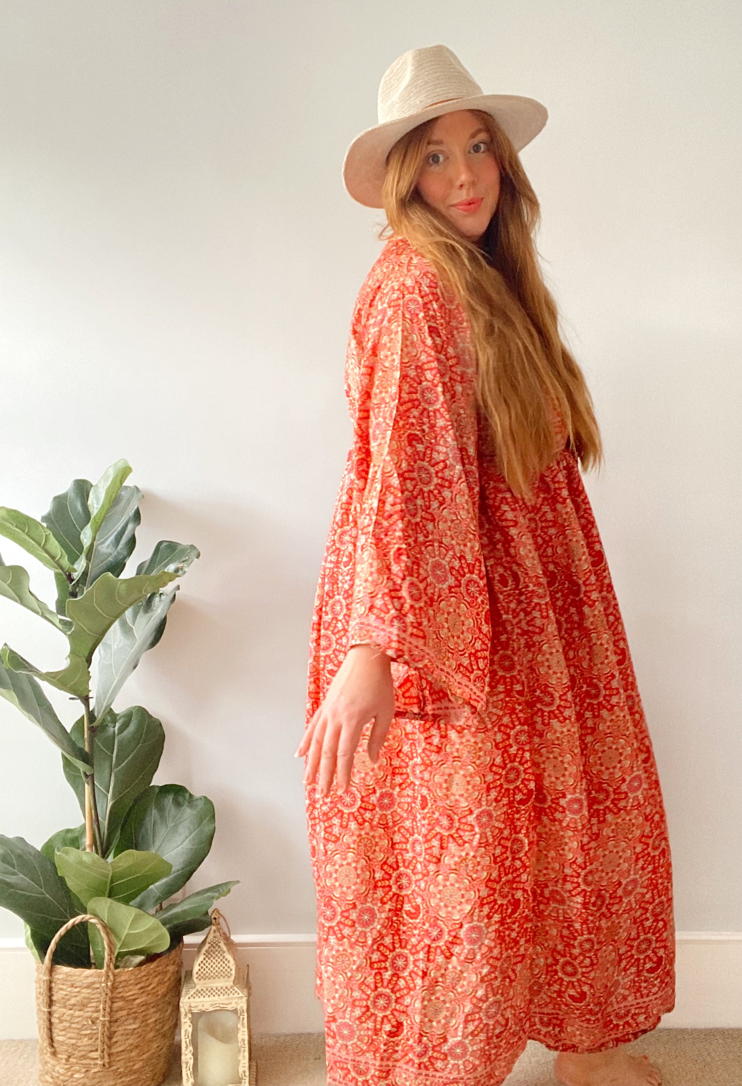 Nova red boho printed silk dress