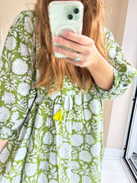 Floral-print cotton smock green moss
