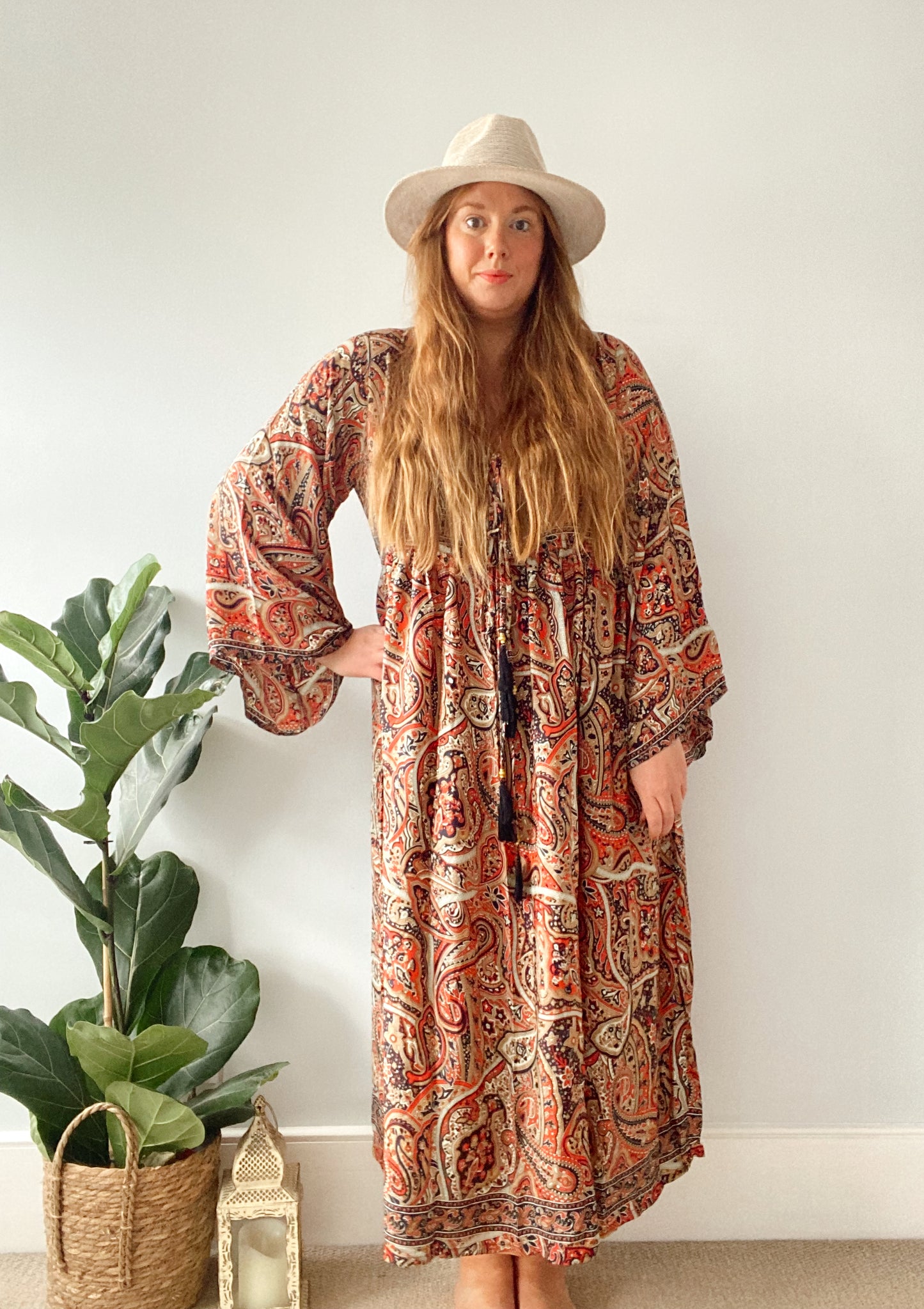 Nova red navy paisley boho silk dress