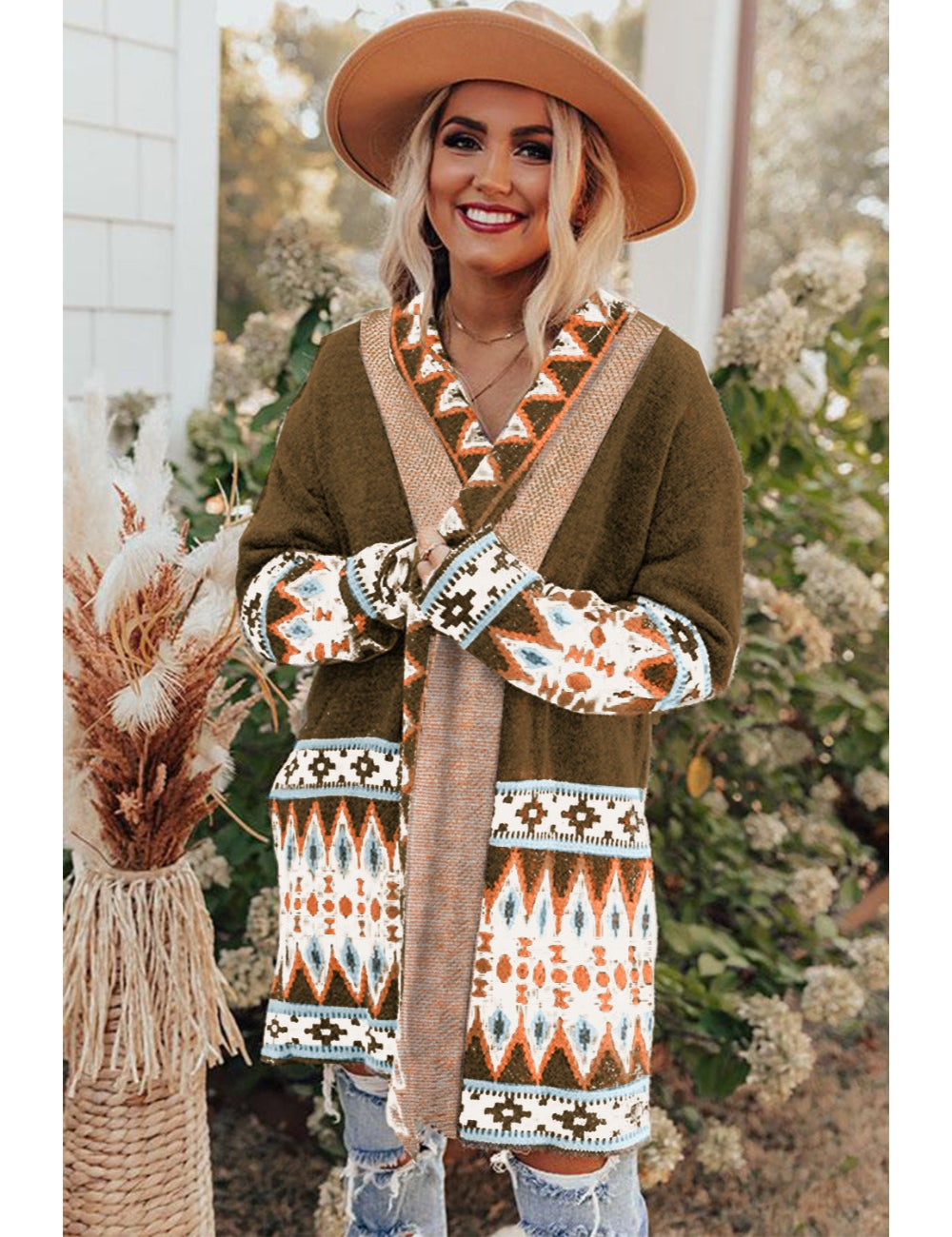 Clara vintage-inspired Aztec-print knitted boho cardigan/shawl