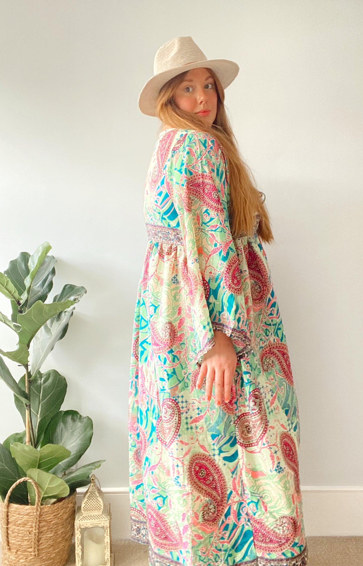 Nova pink green paisley-print boho silk dress