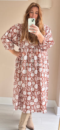 Floral-print cotton smock dress brick brown