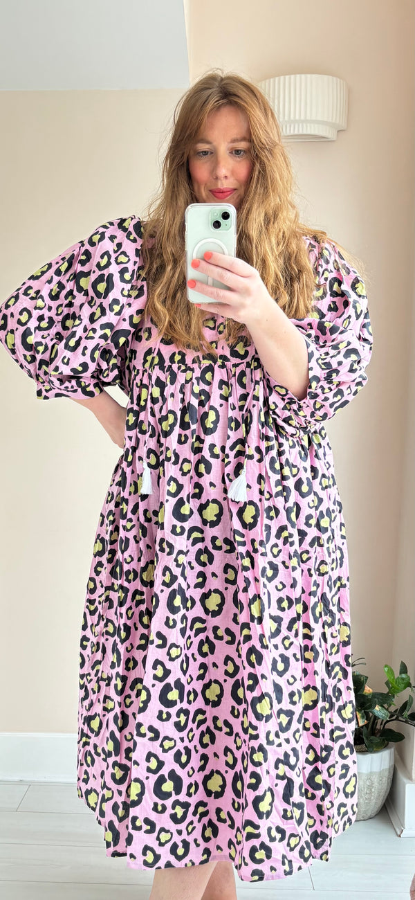 Leopard-print cotton dress pink
