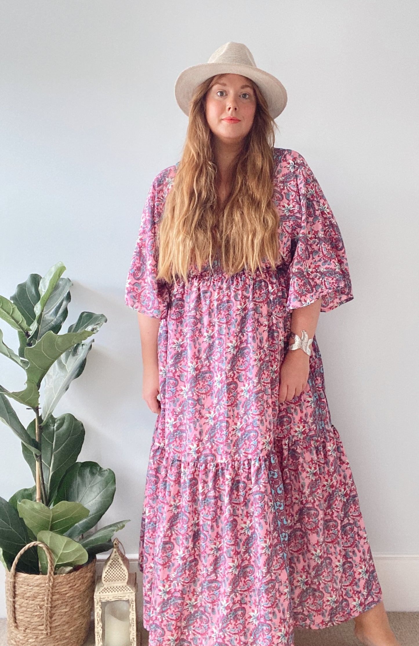 Cora pink floral-print silk midi dress