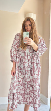 Floral-print cotton smock dress mauve