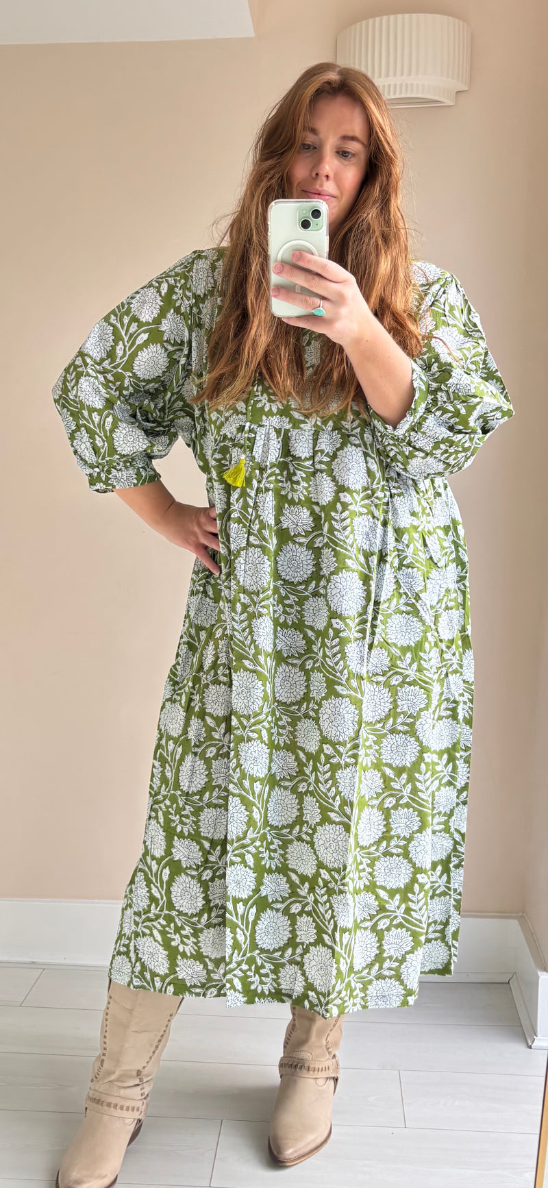 Floral-print cotton smock green moss
