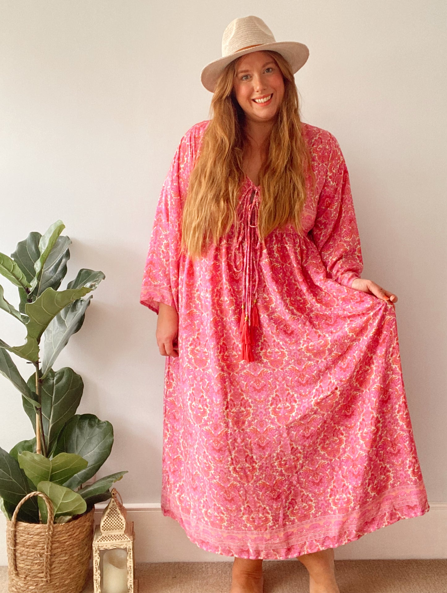 Nova pink floral-print boho silk dress