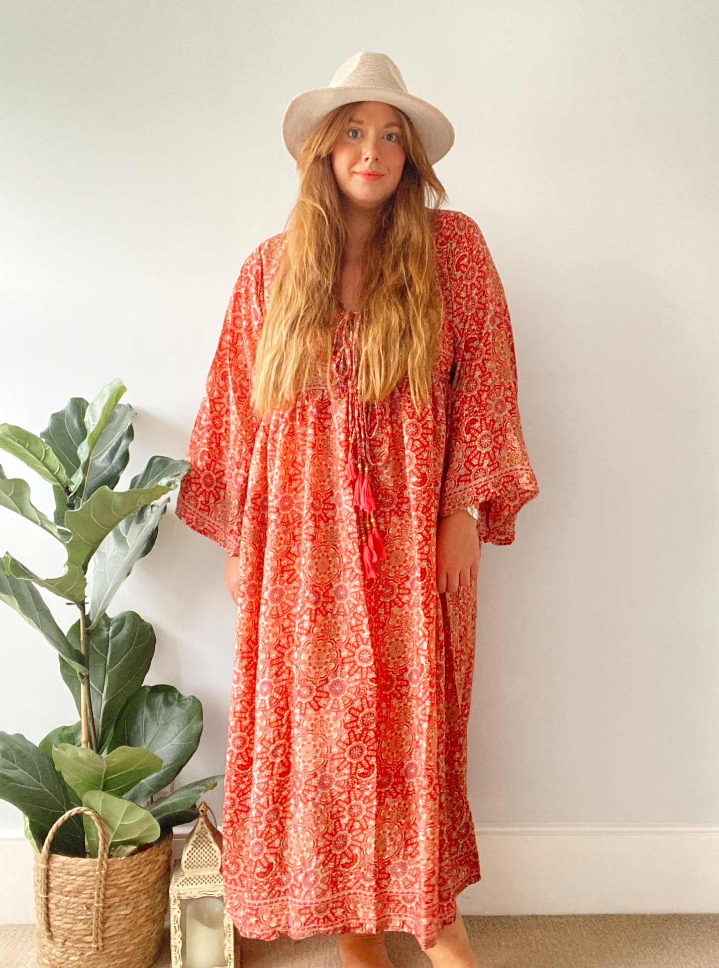 Nova red boho printed silk dress