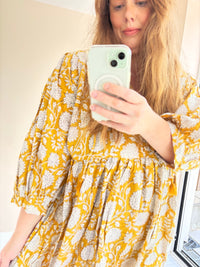Floral-print cotton smock dress mustard