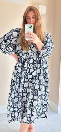 Floral-print cotton smock dress navy